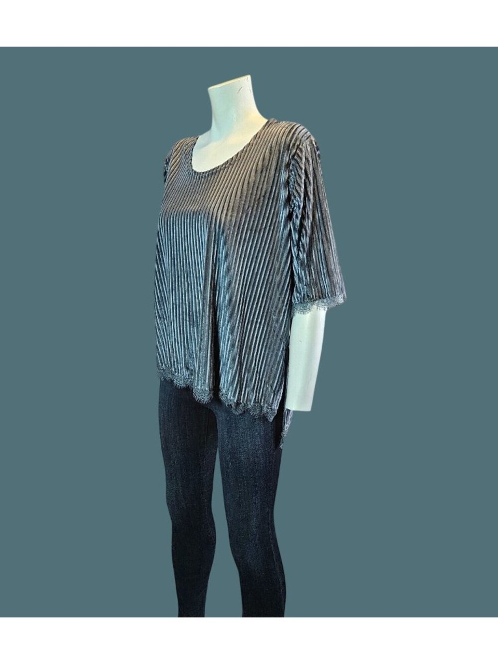 POL Gray Velvet Striped Semi Sheer Lace Trim High Low Hem Top Women S